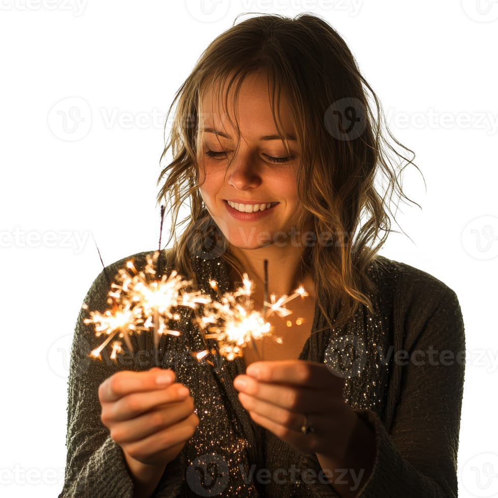 A joyful young woman celebrating with sparklers, radiating happiness and warmth. png