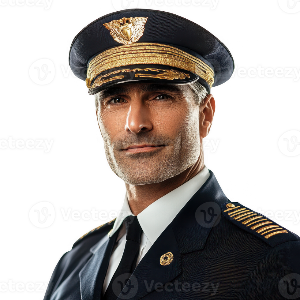 A confident pilot in uniform, showcasing professionalism and dedication to aviation. png