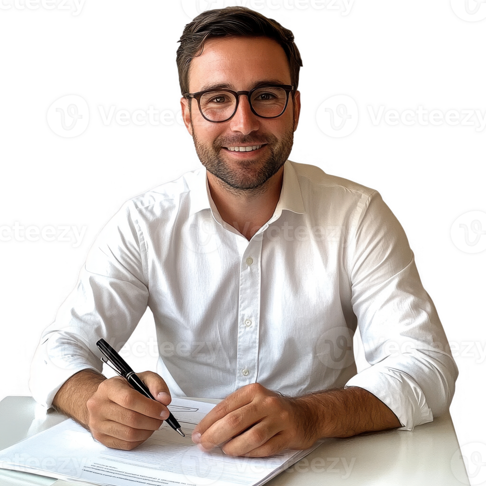 A professional man smiling while signing important documents at his desk. png