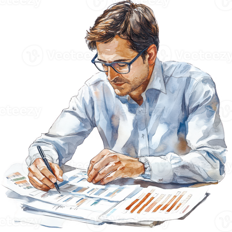 A focused professional analyzing data and creating graphs on paper. png