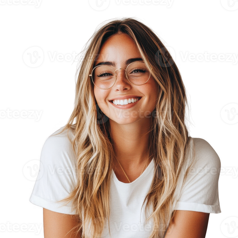 A cheerful woman with glasses smiling brightly for a fresh and vibrant portrait. png