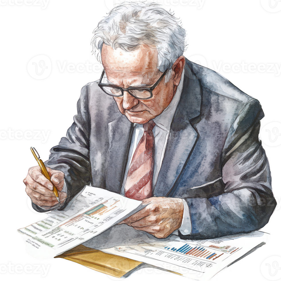 A focused older man analyzing financial reports with charts and graphs. png