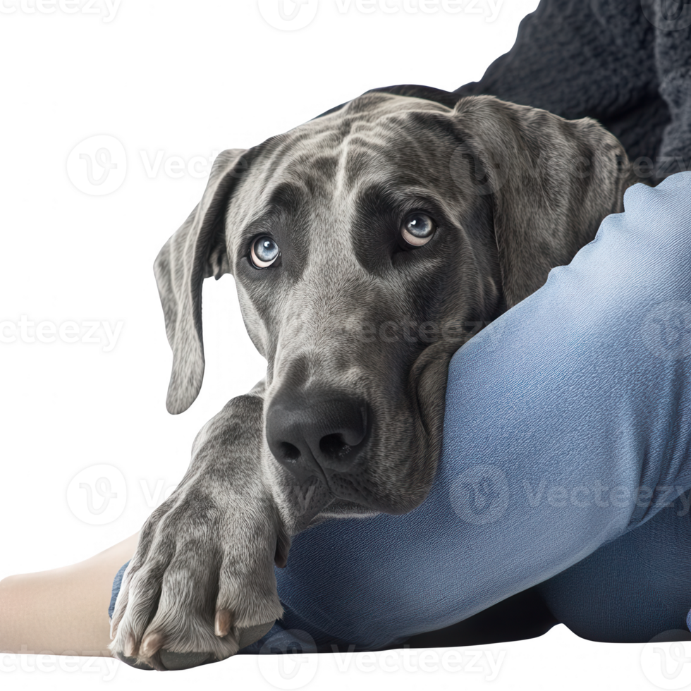 A gray dog resting its head on a person's lap, showcasing companionship and affection. png