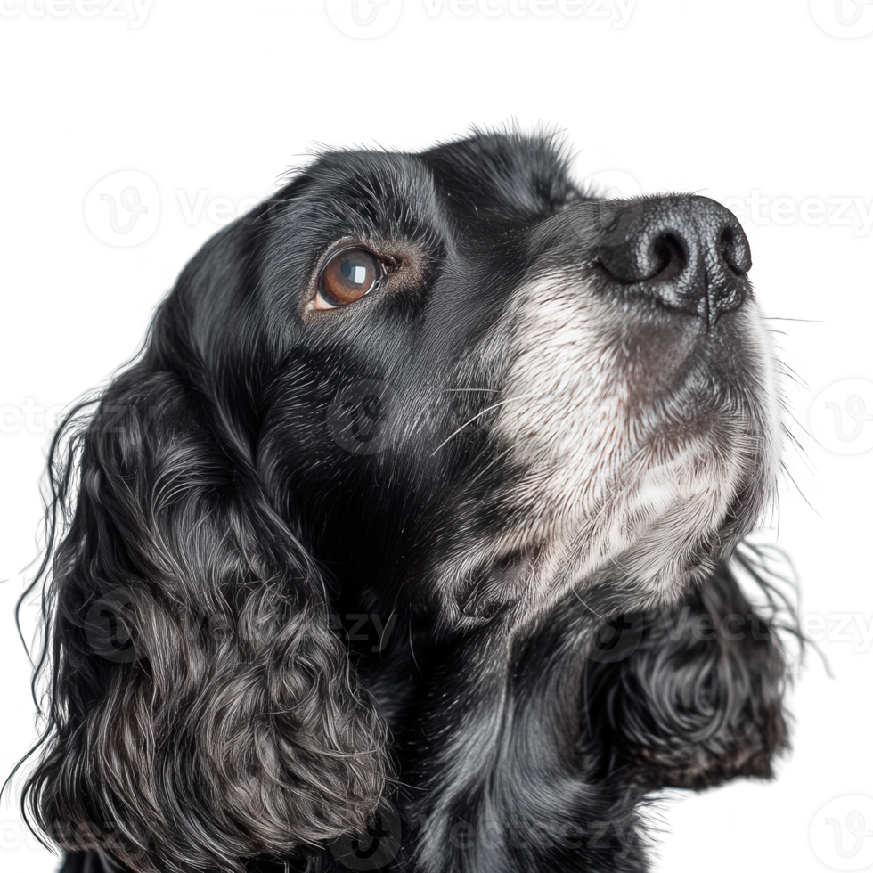 A close-up portrait of a black dog, showcasing its expressive features and soulful eyes. png