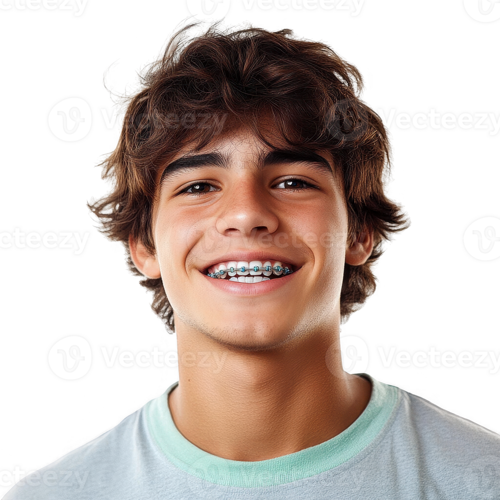 A cheerful young man with braces smiling confidently at the camera. png