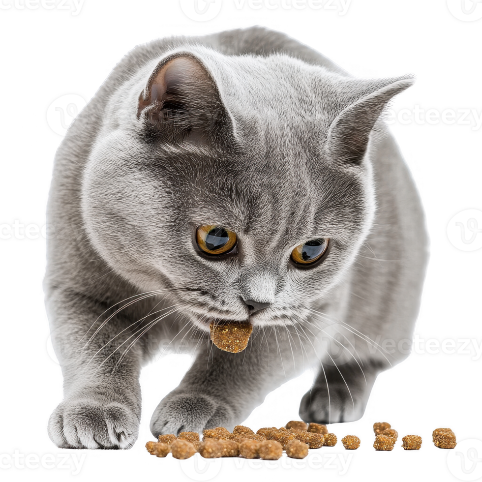 A playful gray cat eagerly eating its food from a bowl. png