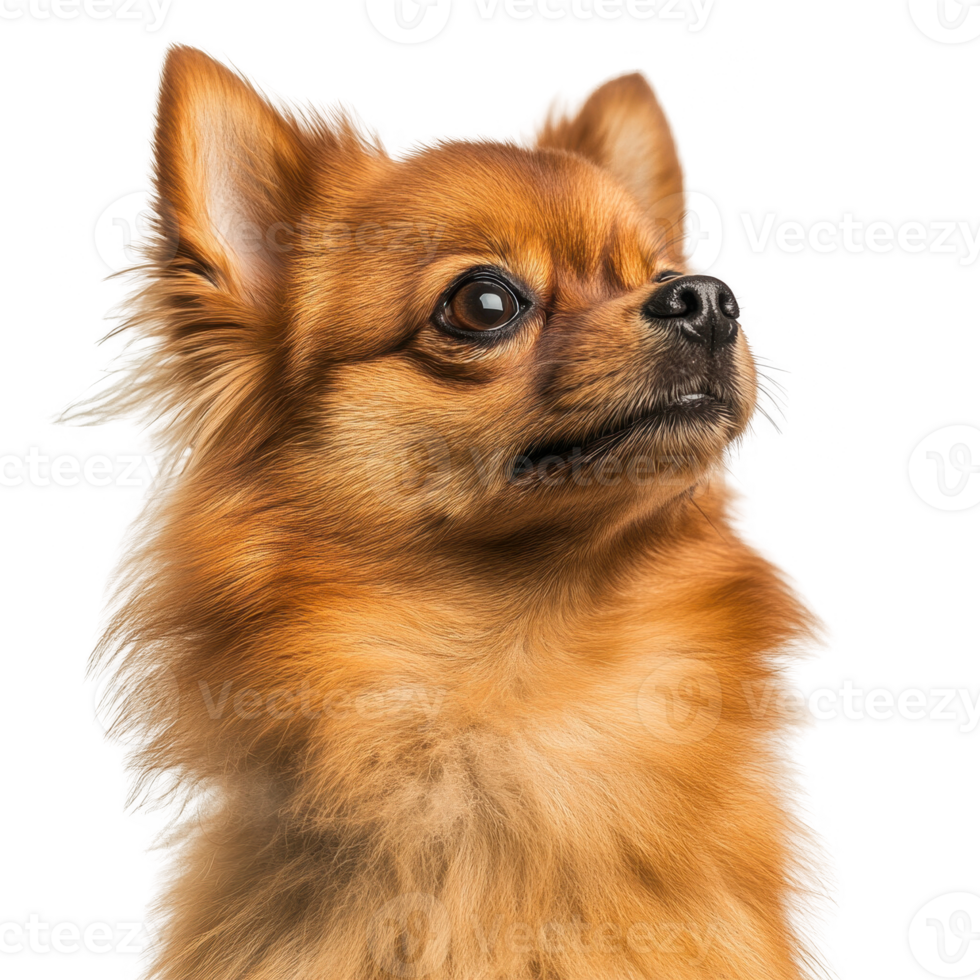 A close-up portrait of a cheerful orange Chihuahua dog looking curiously sideways. png