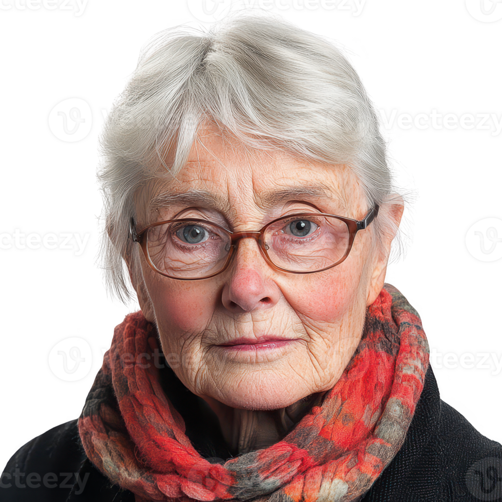 A portrait of a senior woman with glasses and a colorful scarf, radiating wisdom. png
