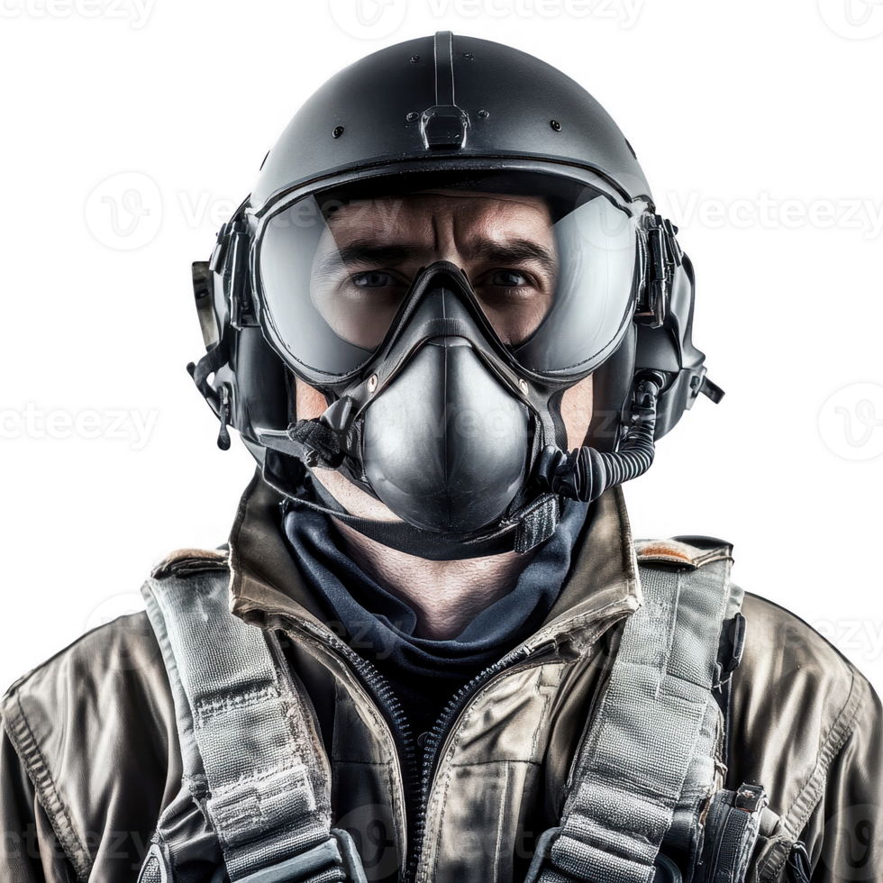 A determined fighter pilot ready for action in advanced flight gear and helmet. png
