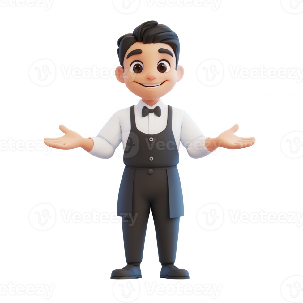 Friendly cartoon waiter offering excellent service with a welcoming smile. png