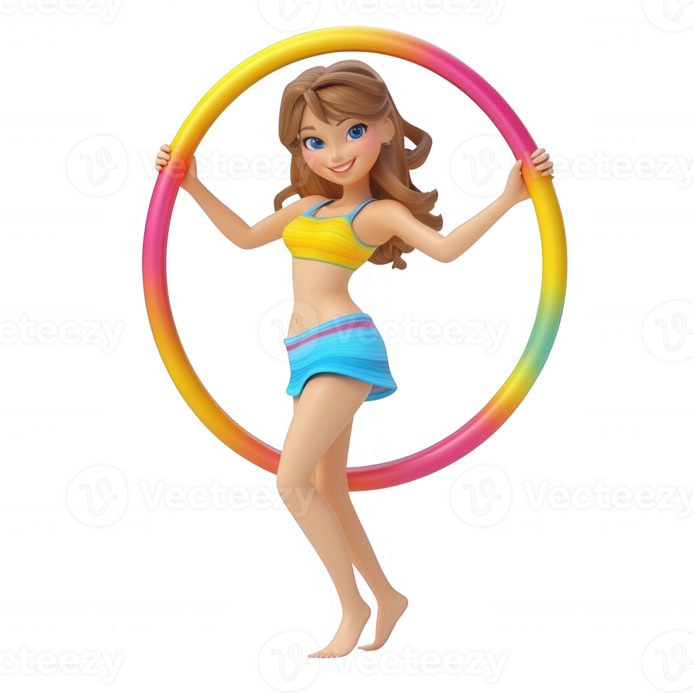 Cheerful girl dancing with a colorful hula hoop, embodying fun and fitness. png
