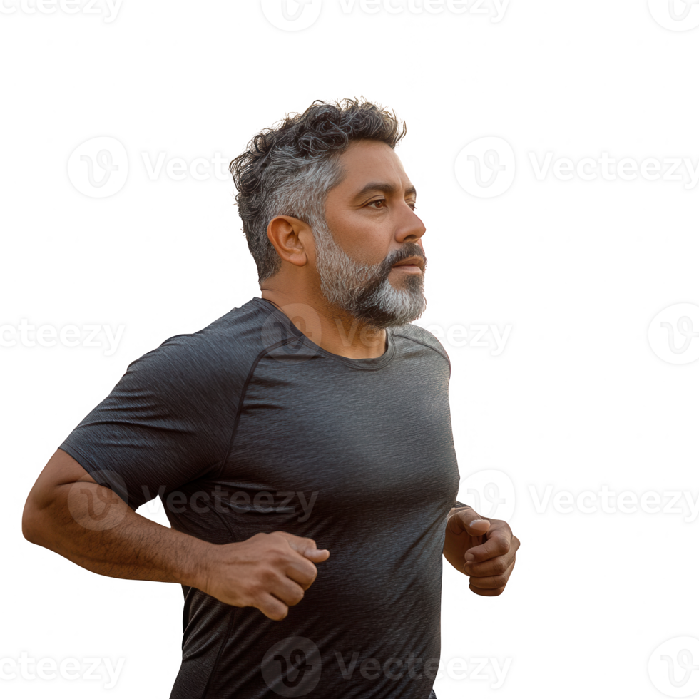 Man jogging outdoors, showcasing fitness and healthy living in a natural environment. png