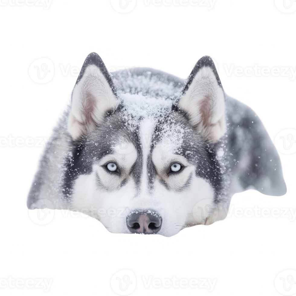 A snowy scene featuring a Siberian Husky dog with striking blue eyes. png