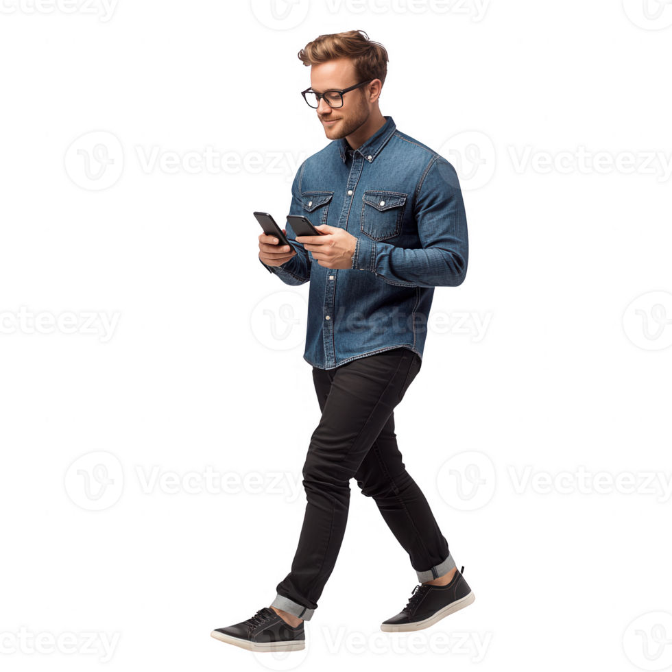 A young man walking while browsing his mobile phone, embodying modern lifestyle. png
