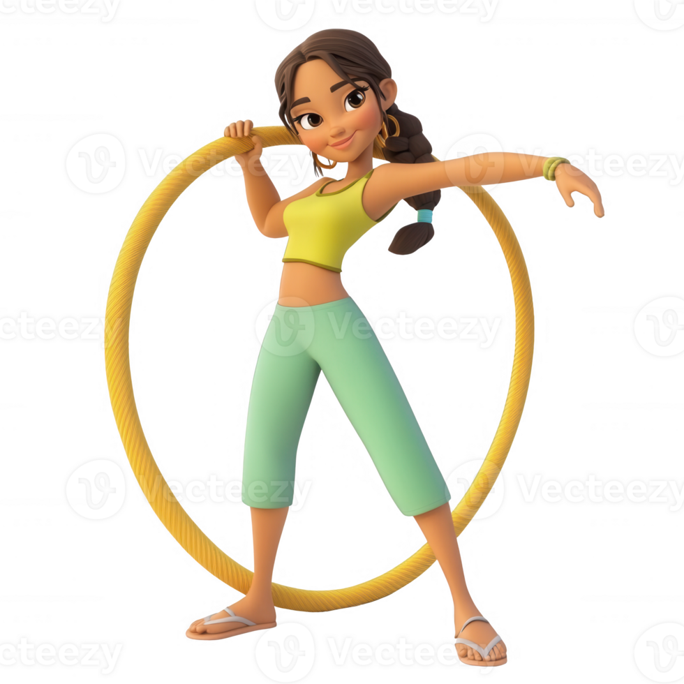 A young girl skillfully twirling a hula hoop, expressing joy and energy. png
