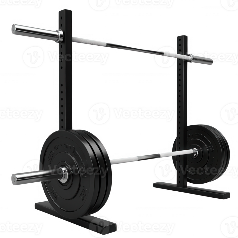 Close-up of a heavy barbell on a squat rack in a modern gym setting. png