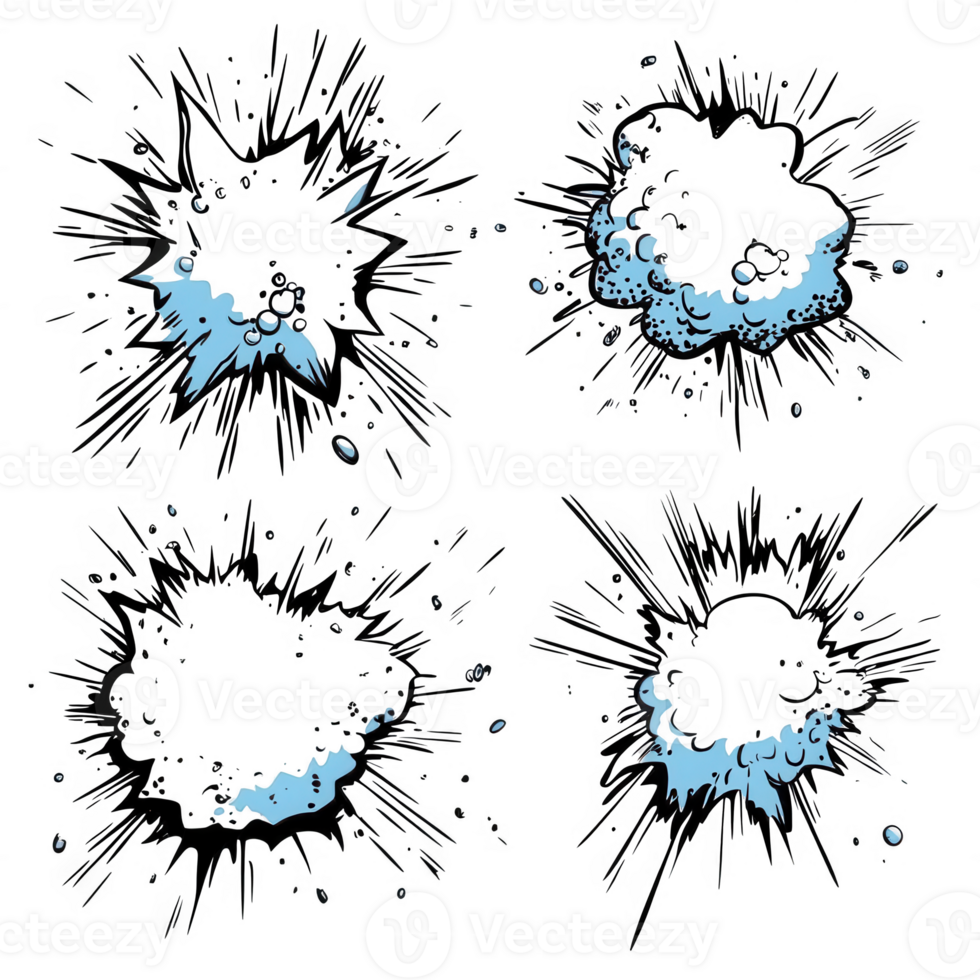 Four distinct splashes of water showcasing dynamic movement and creativity. png