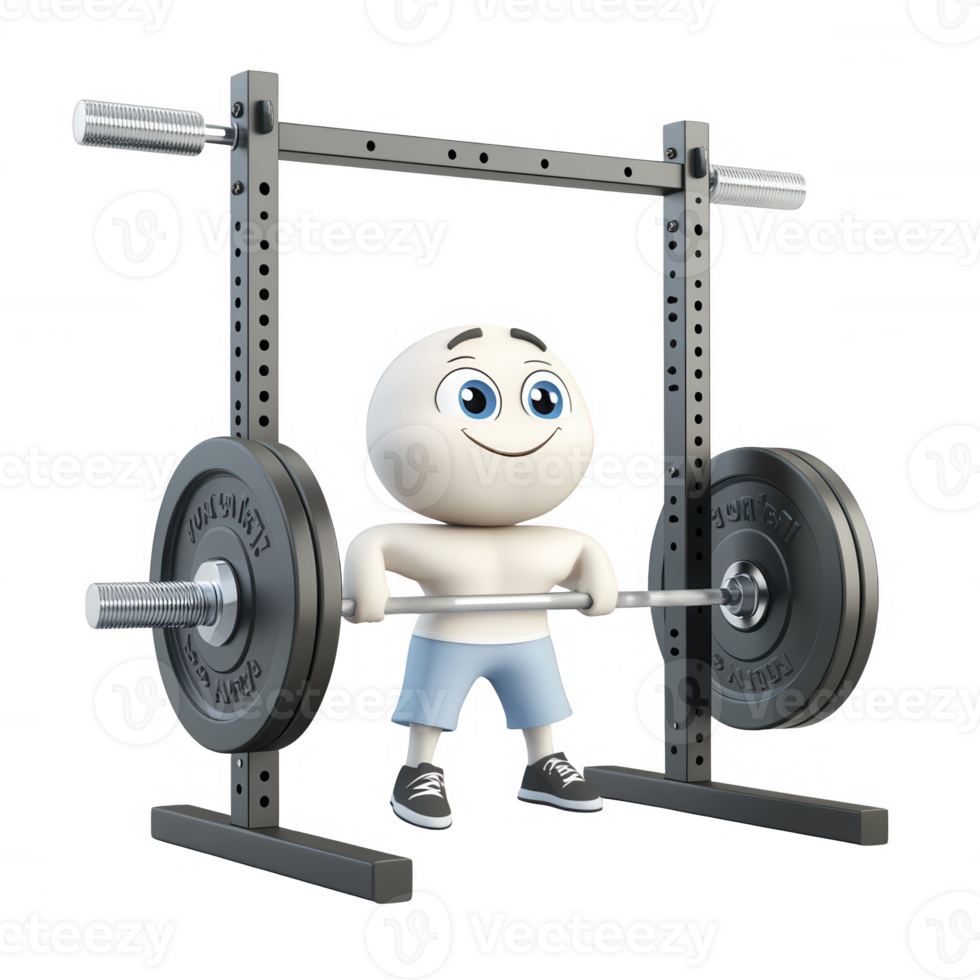 Cartoon character lifting weights at a gym, promoting fitness and healthy lifestyle. png