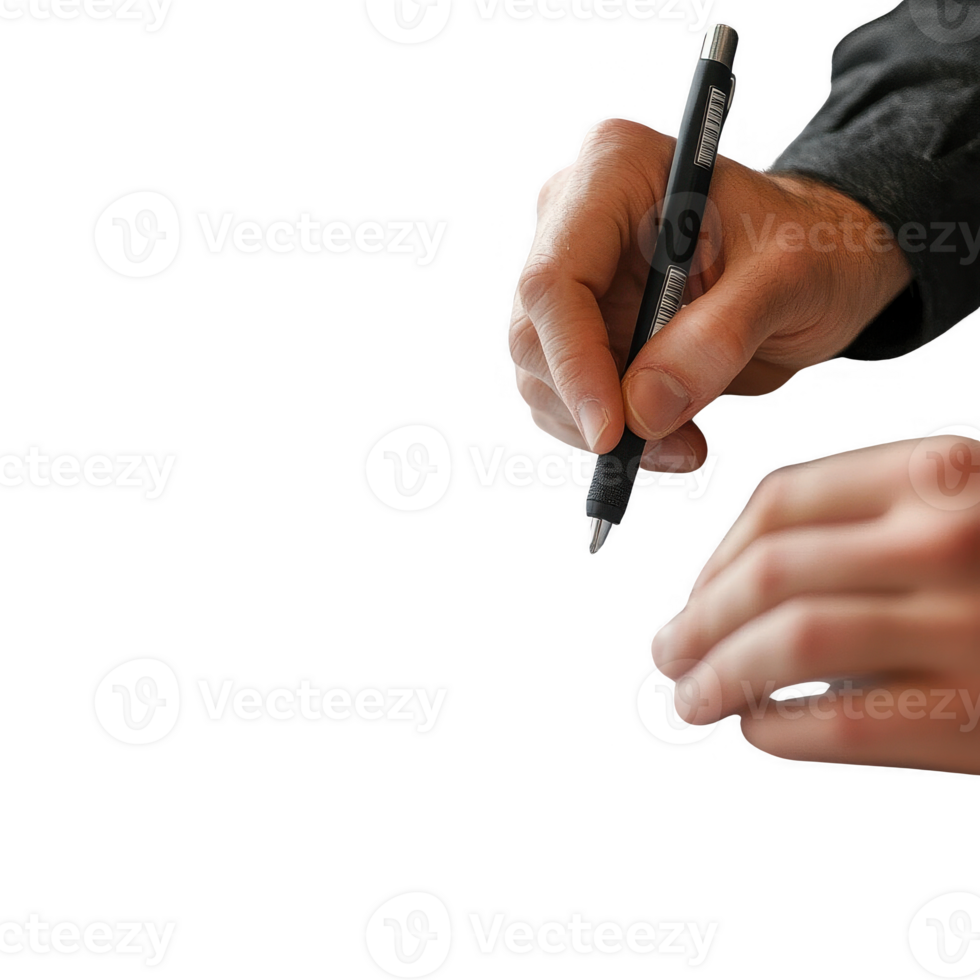 Hands writing important notes with a pen on a table in a professional setting. png
