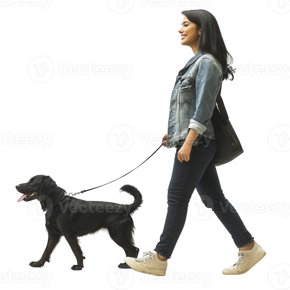 A woman happily walking her dog in the park, enjoying the outdoor life. png