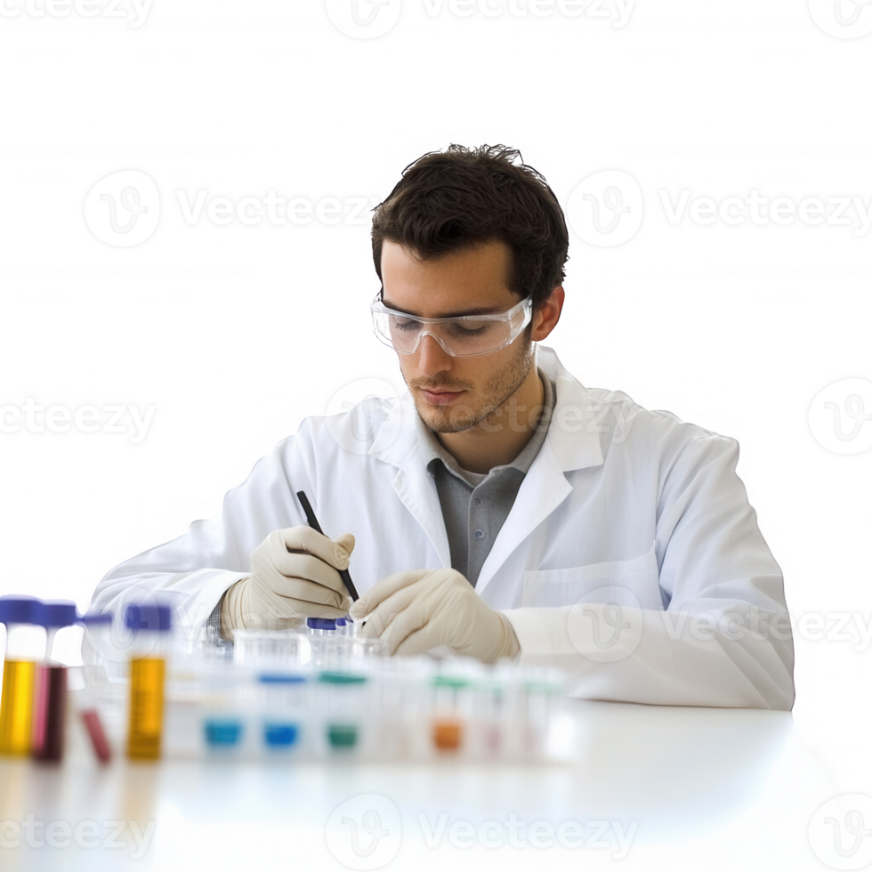 Scientist working in a laboratory with test tubes and chemical substances. png