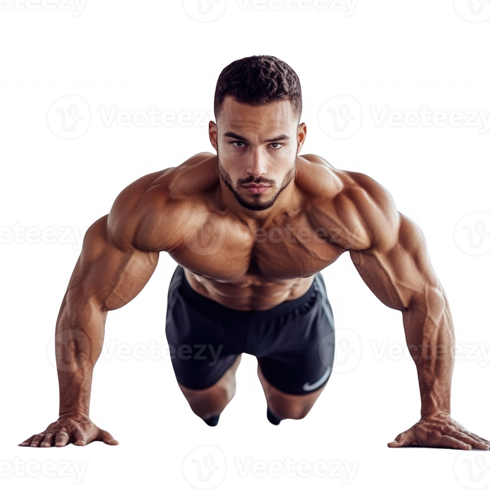 Fit man doing push-ups to build strength and improve fitness levels. png
