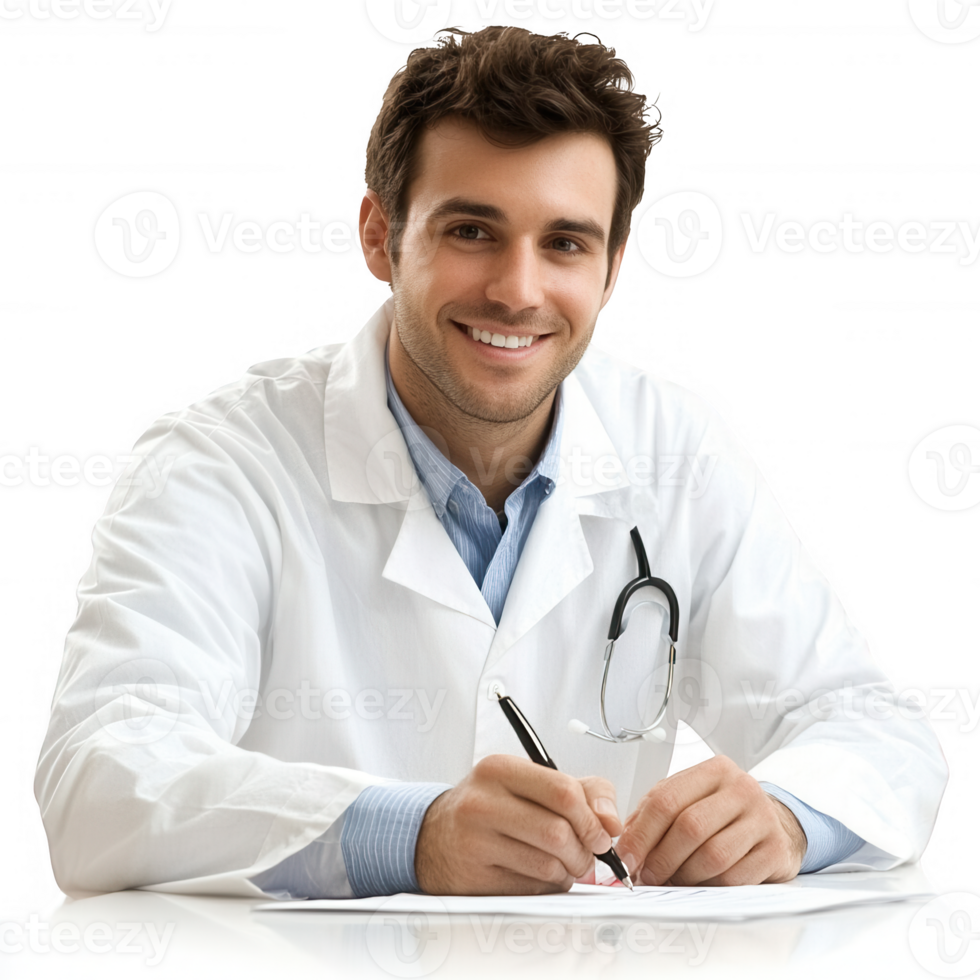 A smiling doctor in a white coat signing documents in a medical setting. png