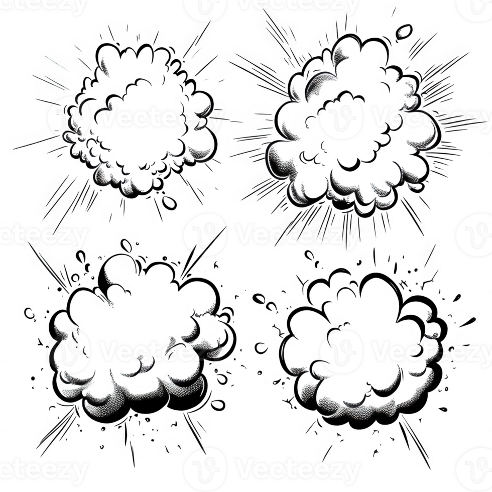 Set of four unique graphic burst designs with dynamic splashes and textures. png