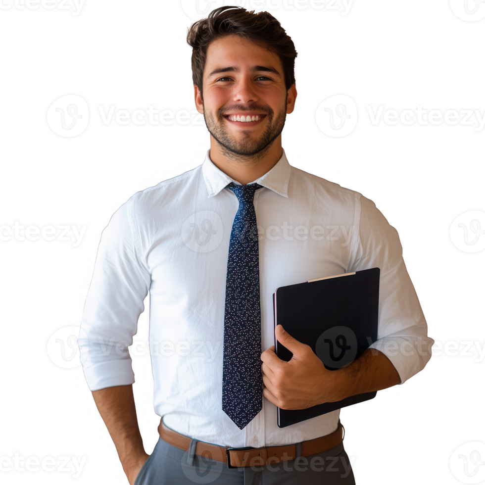 Confident young professional in formal attire, ready for work with a portfolio. png