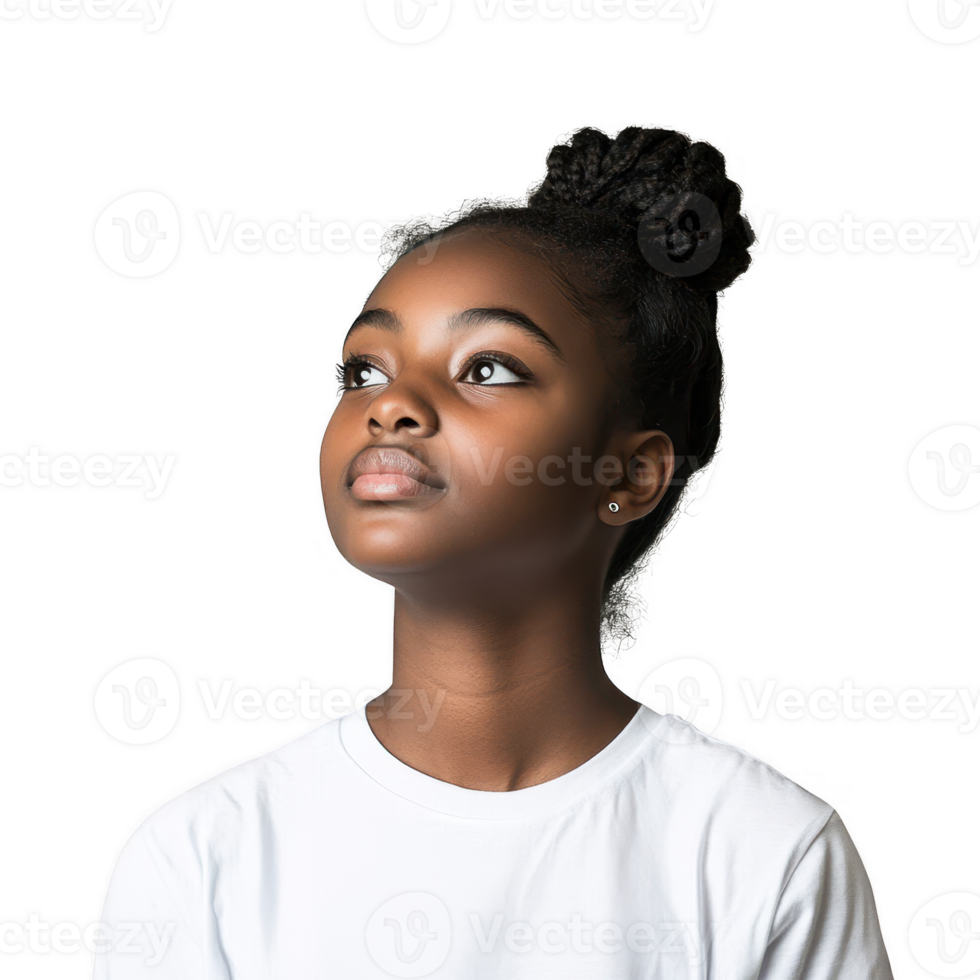 A thoughtful young girl gazes upward with hope and curiosity. png