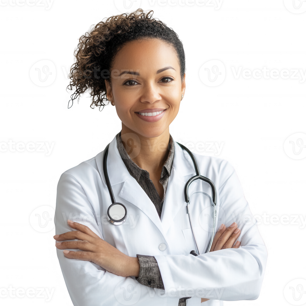 Confident female doctor smiling in a white coat with stethoscope, representing healthcare. png