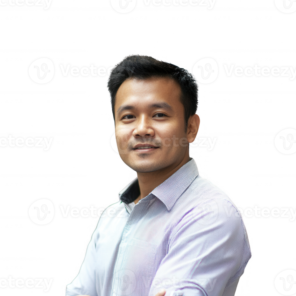 Confident young man in professional attire smiling with crossed arms in a relaxed pose. png