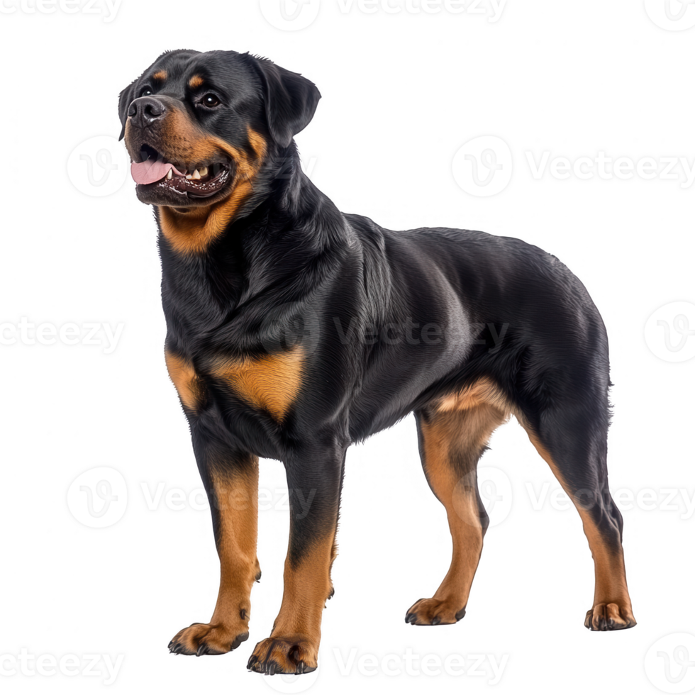 A strong and confident Rottweiler standing proudly with a joyful expression. png