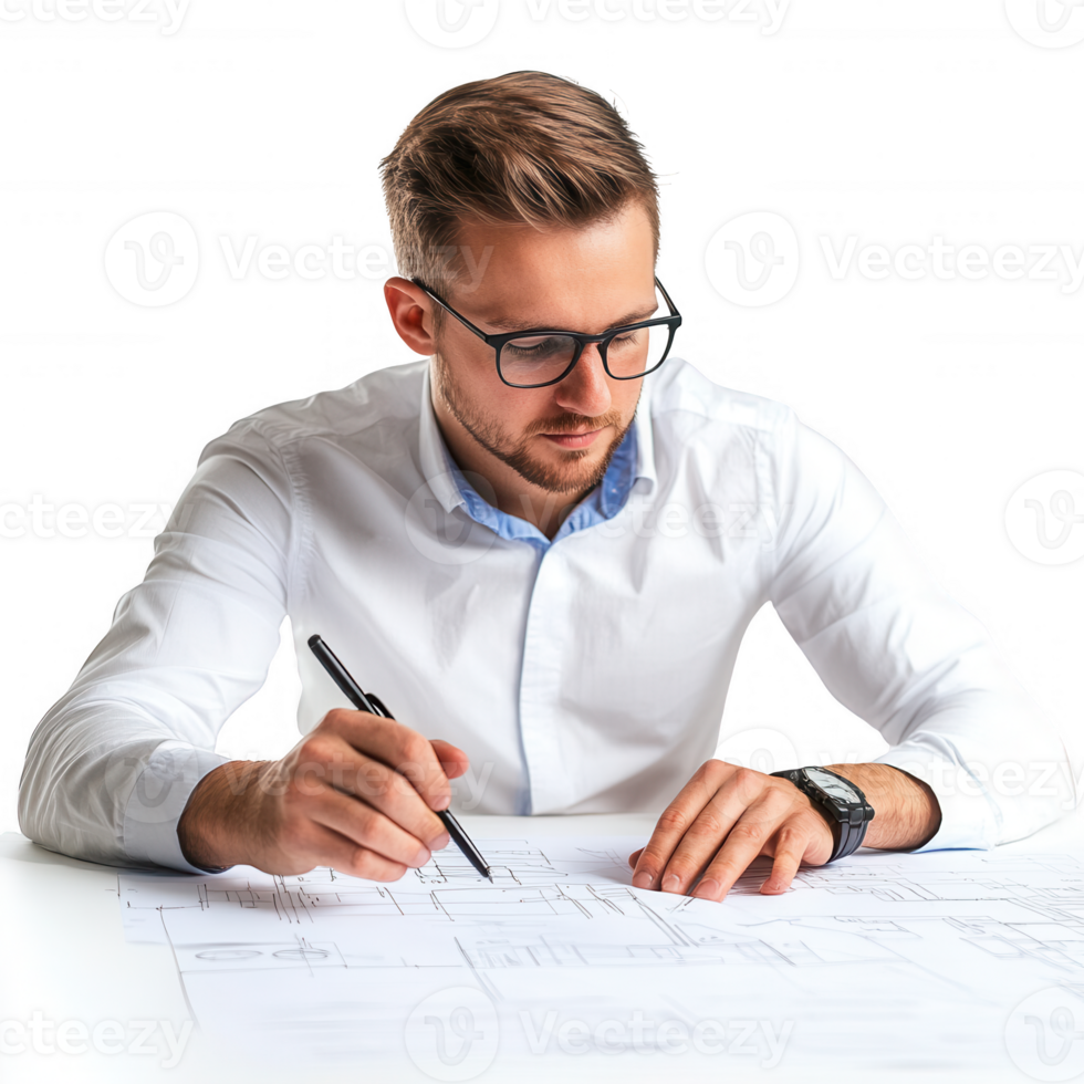 A young professional reviewing architectural plans with concentration and focus. png