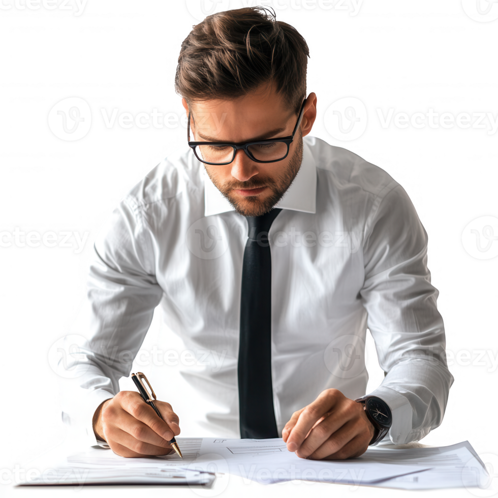 Focused businessman analyzing documents and making notes in a professional setting. png