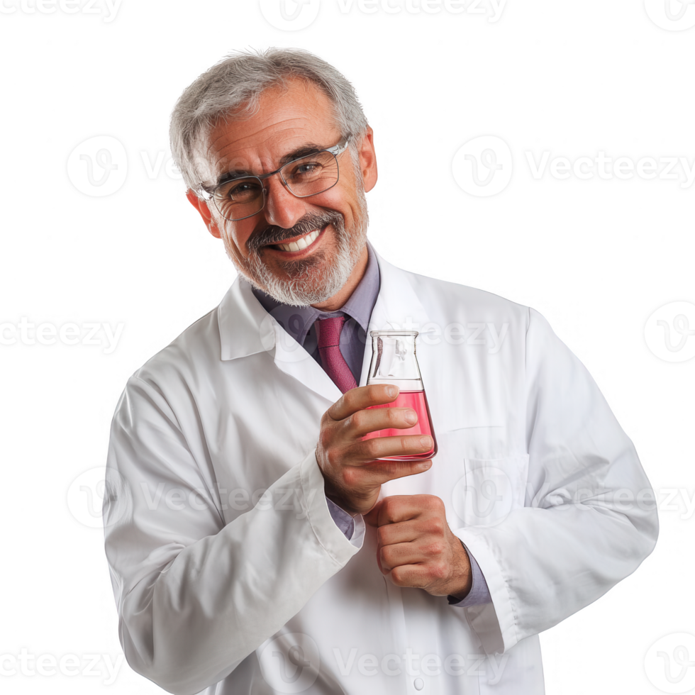 Cheerful scientist holding a flask with a colorful liquid and smiling confidently. png