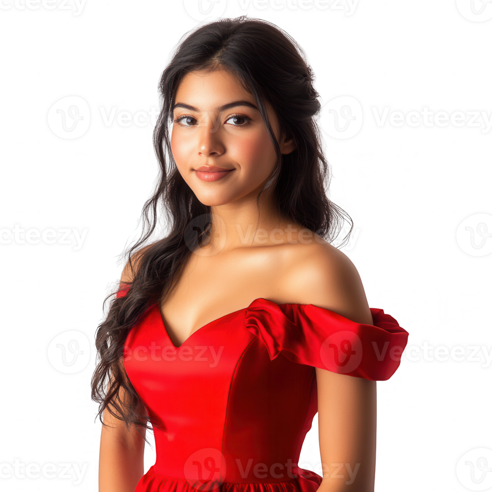 A young woman in a stunning red dress poses confidently for a portrait. png