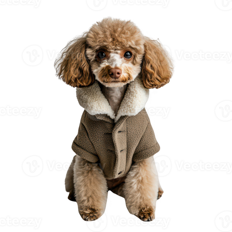A stylish poodle wearing a cozy brown jacket, looking adorable and fashionable. png