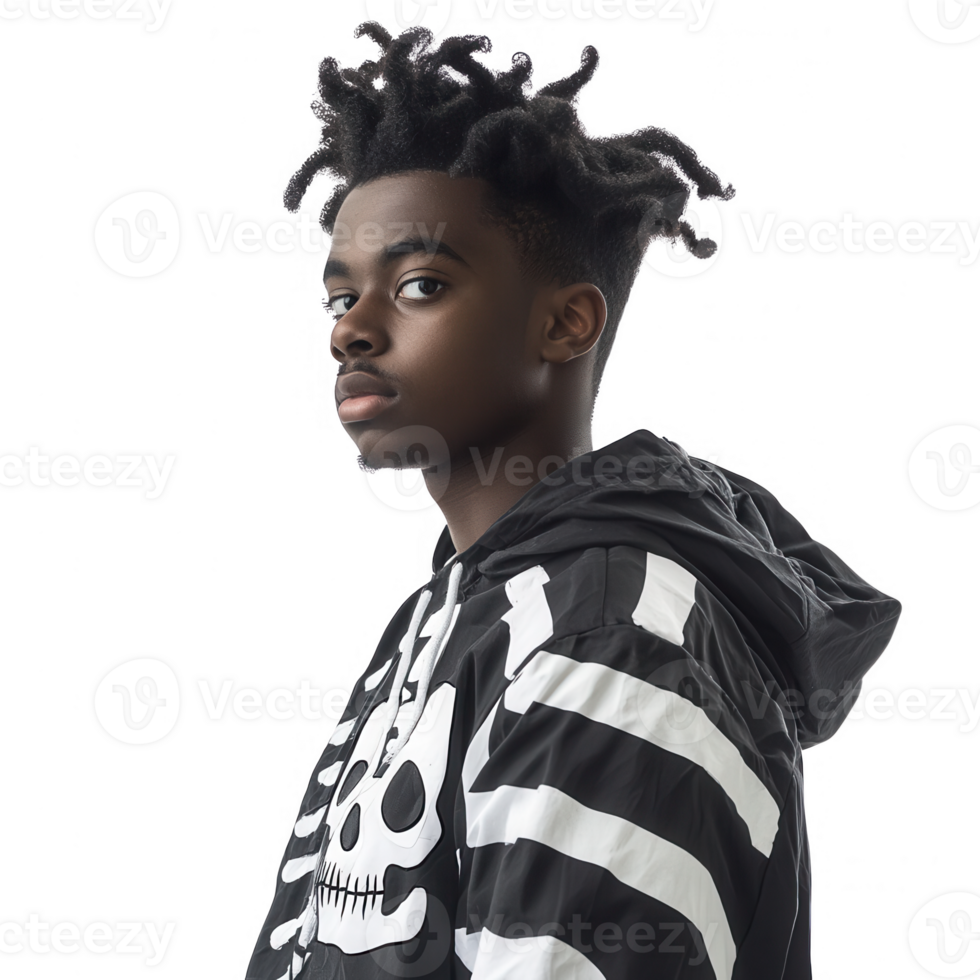 Profile of a young man in a skeleton hoodie, showcasing modern street fashion. png