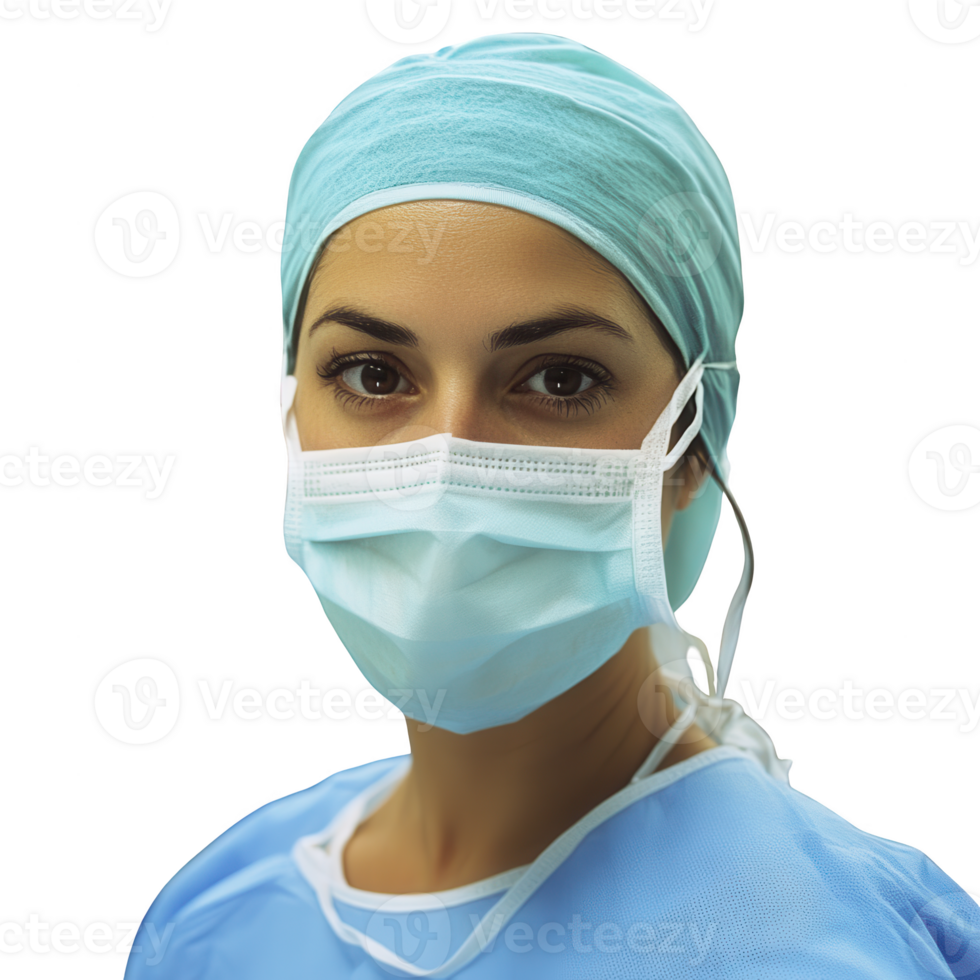 Portrait of a medical professional wearing a mask and scrubs in a healthcare setting. png