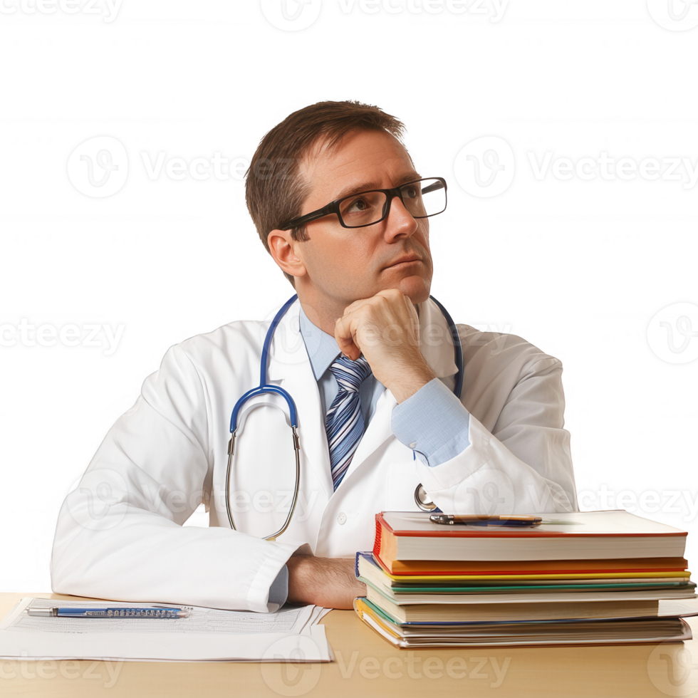 A thoughtful doctor reflecting on medical knowledge and patient care. png