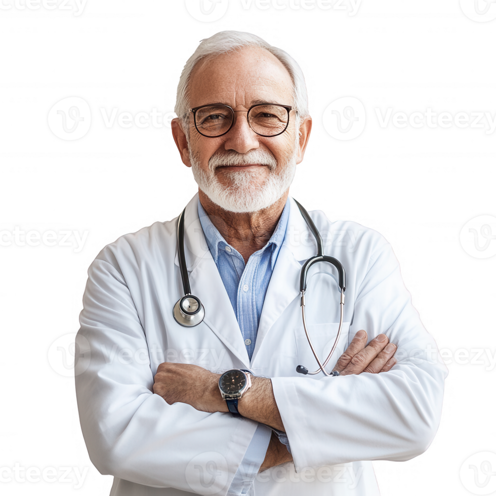 Smiling senior doctor in a white coat with a stethoscope, exuding confidence and warmth. png