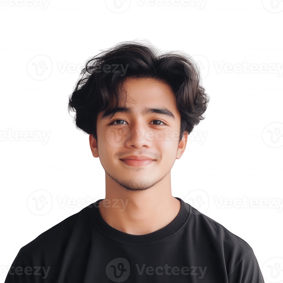 A young man smiling brightly with curly hair against a plain background. png