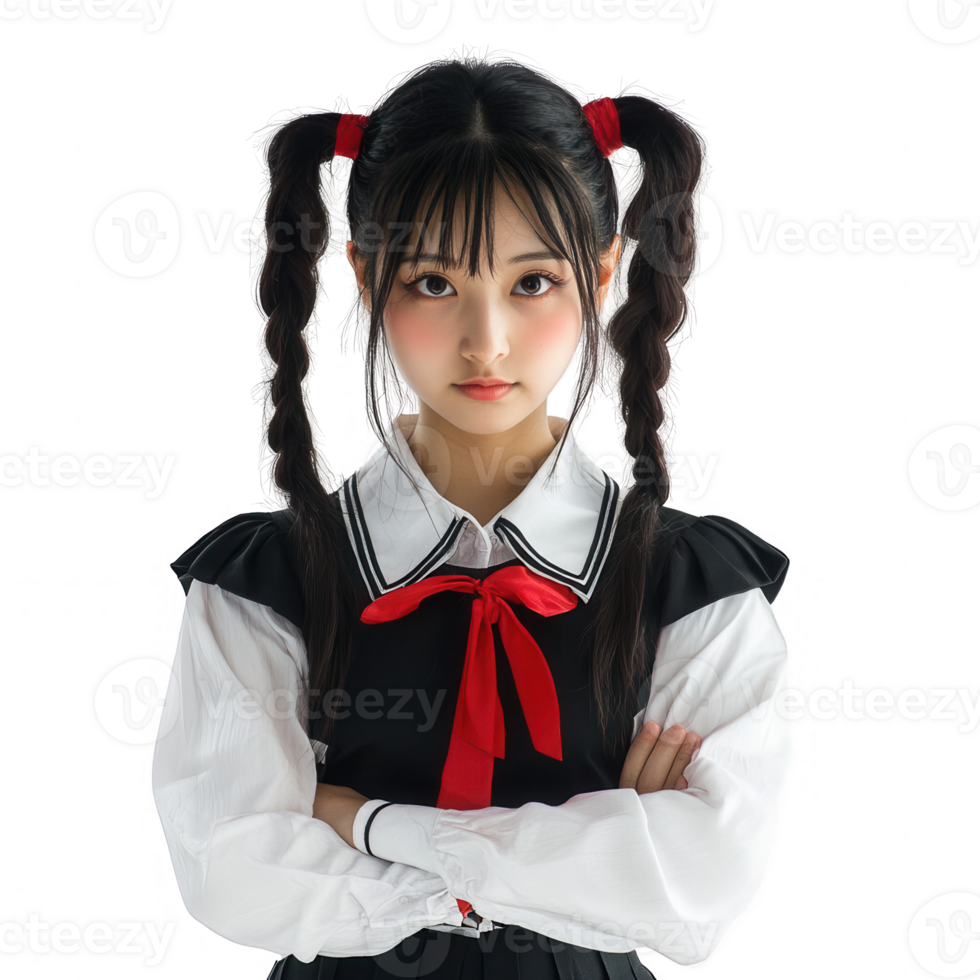 A young girl in a school uniform with expressive eyes and styled hair, looking confident. png