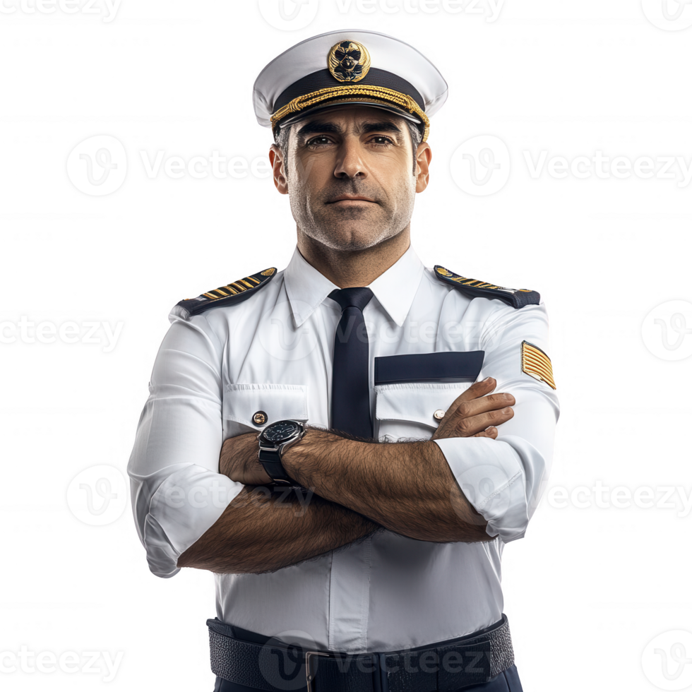 Confident pilot in uniform, standing with arms crossed, embodying professionalism. png