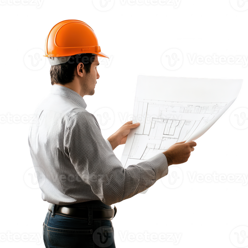 Engineer reviewing architectural plans with a hard hat and blueprints in hand. png