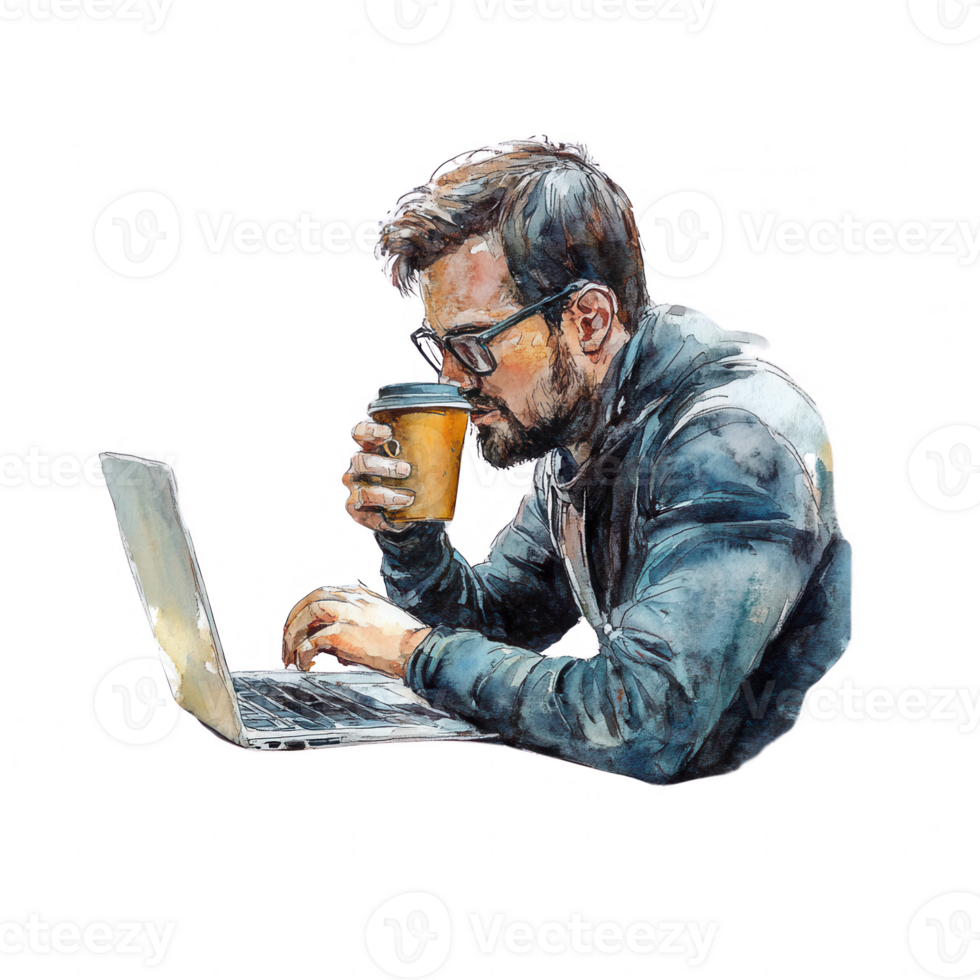 A young man enjoying coffee while working on his laptop in a modern setting. png