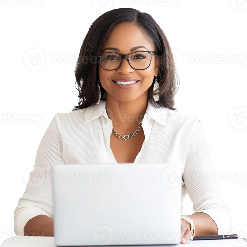 Smiling woman working on laptop, showcasing modern workplace and professionalism. png