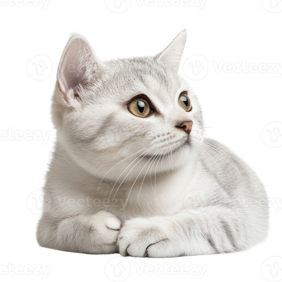 A serene white cat laying gracefully, showcasing its elegant features and curious gaze. png