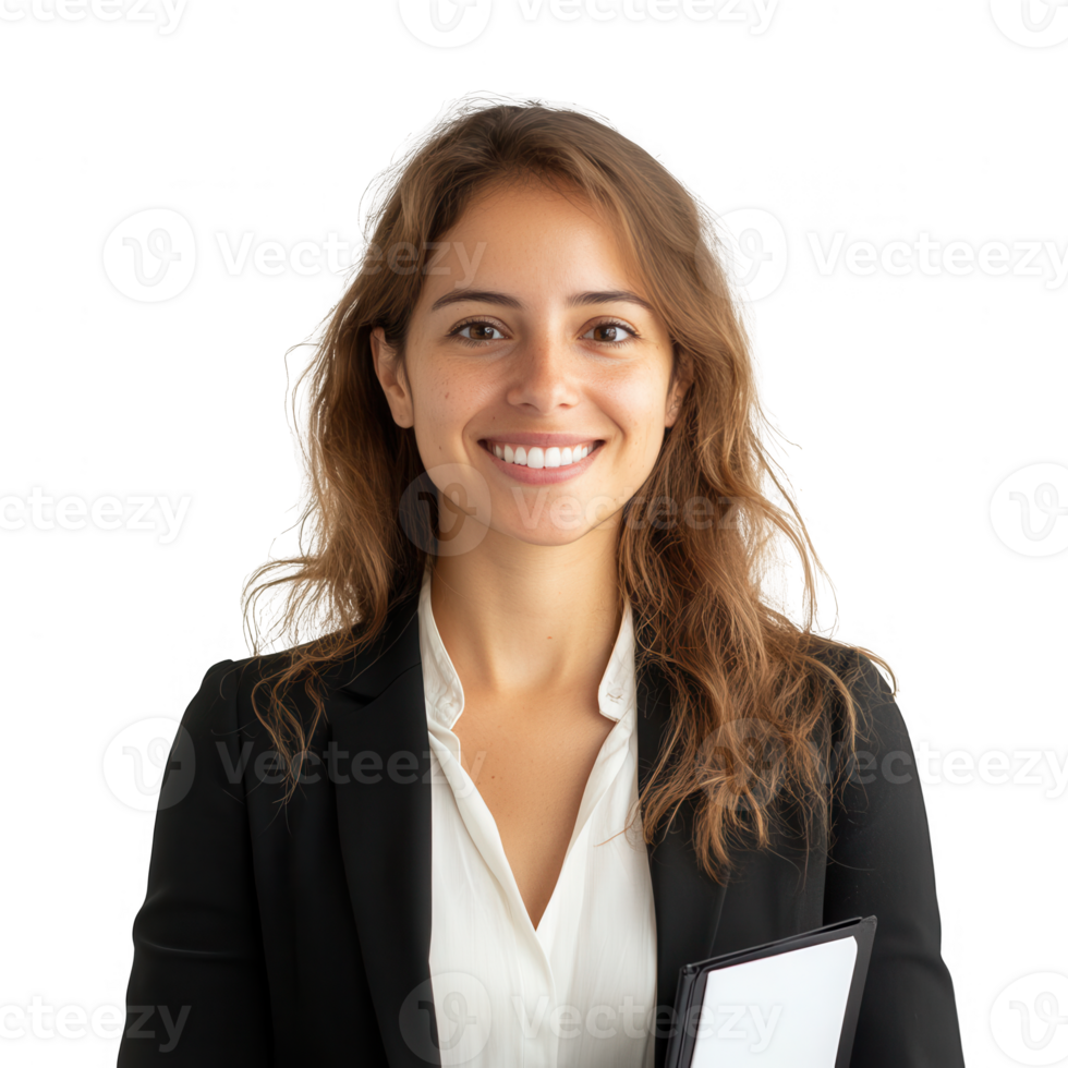 Confident businesswoman smiling while holding a clipboard in a professional setting. png